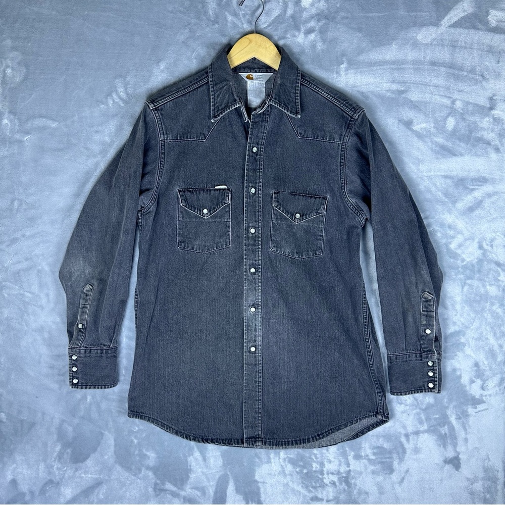 Vintage Carhartt Pearl Snap Western Black Denim Shirt Mens Sz M Jacket